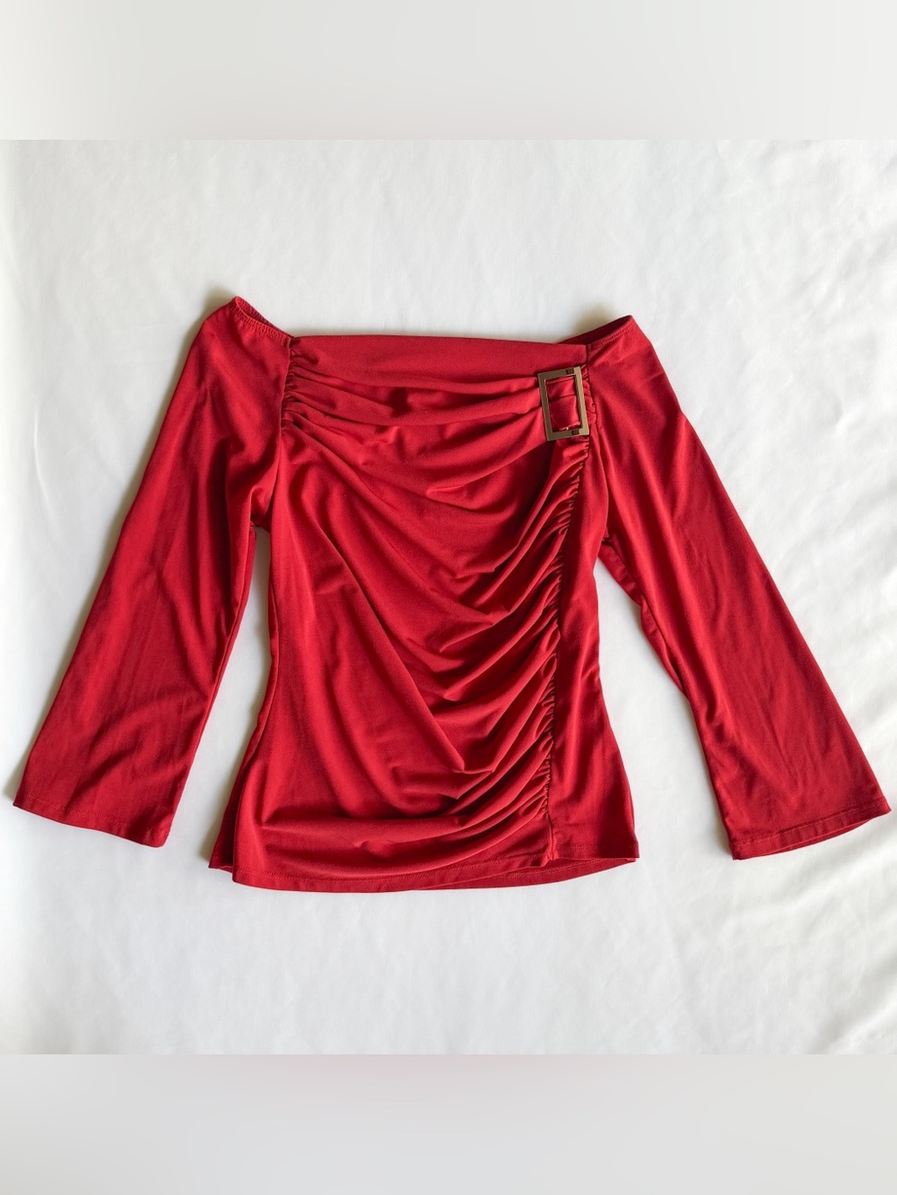 Vintage Y2K Red Draped Off Shoulder Buckle Top L